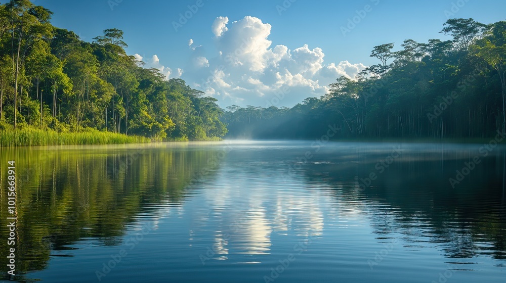 Calm waters reflect the dense rainforest surrounding a lake in the vast Amazon basin. Calm waters reflect the dense rainforest surrounding a lake in the vast Amazon basin.