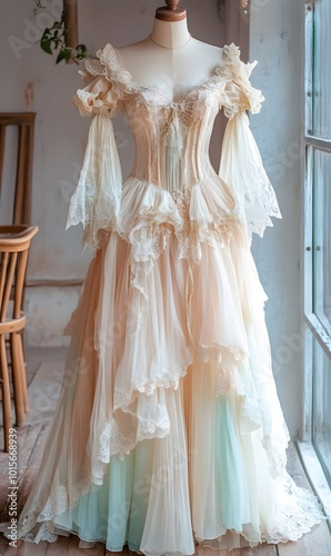 69. A romantic vintage dress with soft pastel colors and lace details