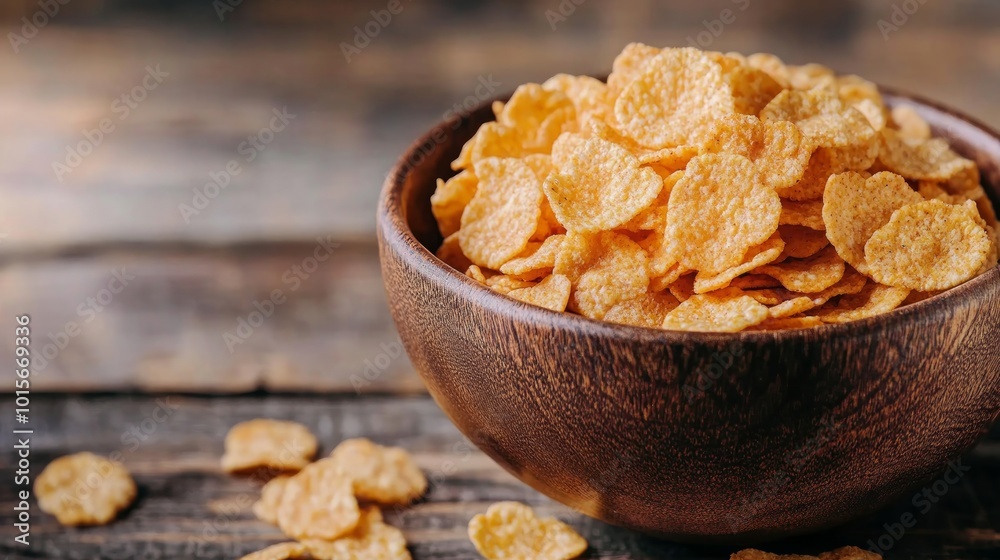 A close-up of a wooden bowl filled with golden cornflakes. A few cornflakes are scattered on the wooden table in the foreground. A close-up of a wooden bowl filled with golden cornflakes. A few cornflakes are scattered on the wooden table in the foreground.