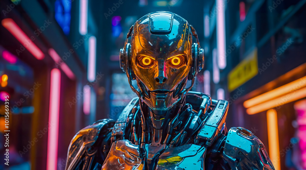 AI-generated image of an ultra-modern robot designed with advanced futuristic materials and cutting-edge technology, with glowing neon lights with state-of-the-art sensors AI-generated image of an ultra-modern robot designed with advanced futuristic materials and cutting-edge technology, with glowing neon lights with state-of-the-art sensors