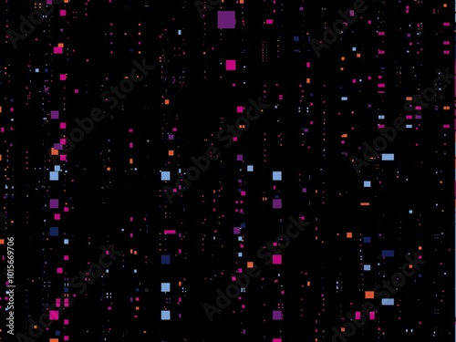 Abstract background with a digital glitch effect, featuring a scattered pattern of colorful squares on a black background, creating a sense of chaos and disruption.