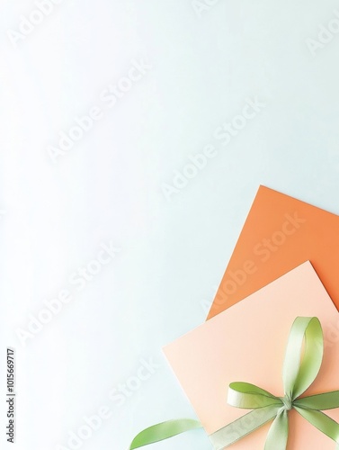 Minimalist Flat Lay of Orange Greeting Cards with Green Ribbons on Teal Background for World Kindness Day