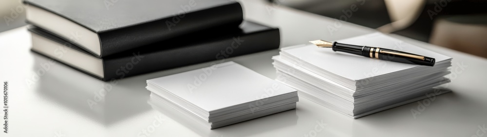 fashion editorial of Close-up of business cards stacked next to a modern fountain pen and a planner, all set on a white table to evoke a sense of readiness fashion editorial of Close-up of business cards stacked next to a modern fountain pen and a planner, all set on a white table to evoke a sense of readiness