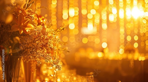 Golden Bokeh Lights and Flower Arrangement for a Romantic and Festive Occasion.