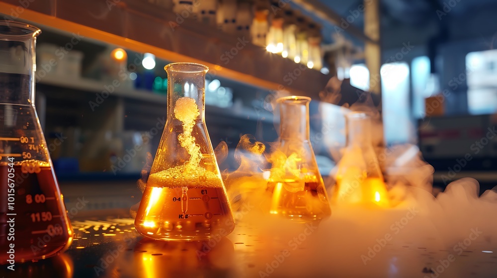 Chemical-filled beakers with steam rising, glowing softly under lab lights, experiment in progress Chemical-filled beakers with steam rising, glowing softly under lab lights, experiment in progress