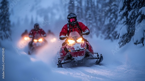 a group of people on snowmobiles

