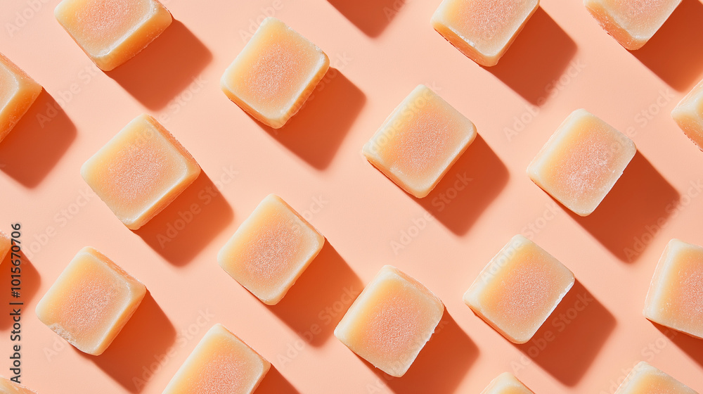 a background of solid soaps arranged symmetrical with soft shadow effects, creating a sense of depth, on a soft peachy background a background of solid soaps arranged symmetrical with soft shadow effects, creating a sense of depth, on a soft peachy background