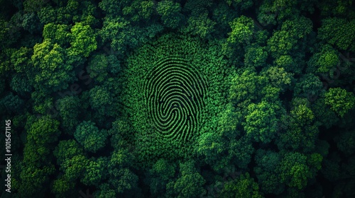 A top-down aerial view of a green forest, with a human fingerprint pattern in the middle, highlights the impact of human activities on nature.