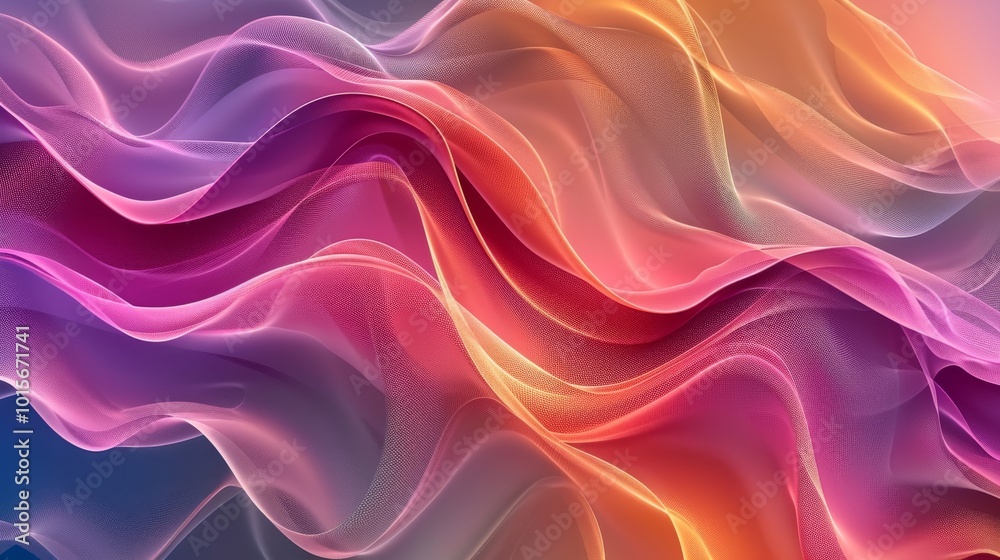 Obraz premium A dynamic 3D rendering showcasing soft, translucent waves in bright gradient hues. The design features a mix of smooth curves and vibrant tones, creating a modern and energetic abstract scene.