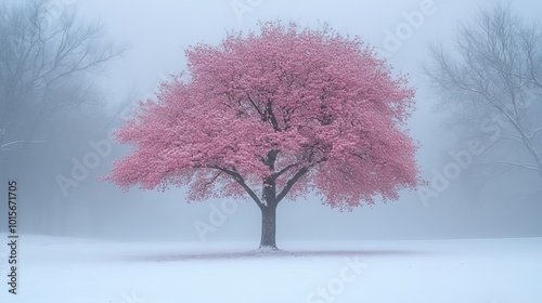 A tree blooms unexpectedly in the snow, its blossoms a stark reminder of the unpredictable effects of climate change. photo