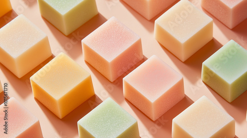 a close-up image of colorful, cube-shaped soaps arranged in neat diagonal rows on a soft, warm-toned background