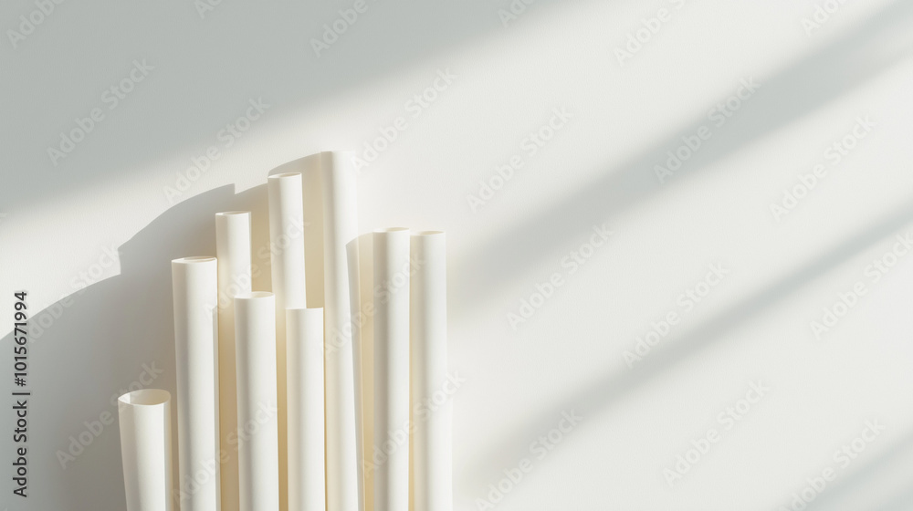 a set of recycled paper straw neatly arranged against a soft, natural white background a set of recycled paper straw neatly arranged against a soft, natural white background
