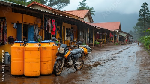 A typical boda boda motorbike in Uganda transports several water canisters at once, seen parked at a gas station near Mbale.
