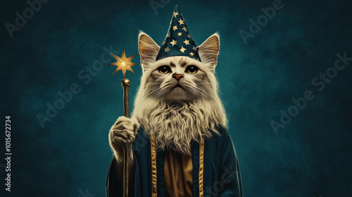 A white cat dressed as a wizard with a pointed hat and a golden staff, against a dark teal background. photo