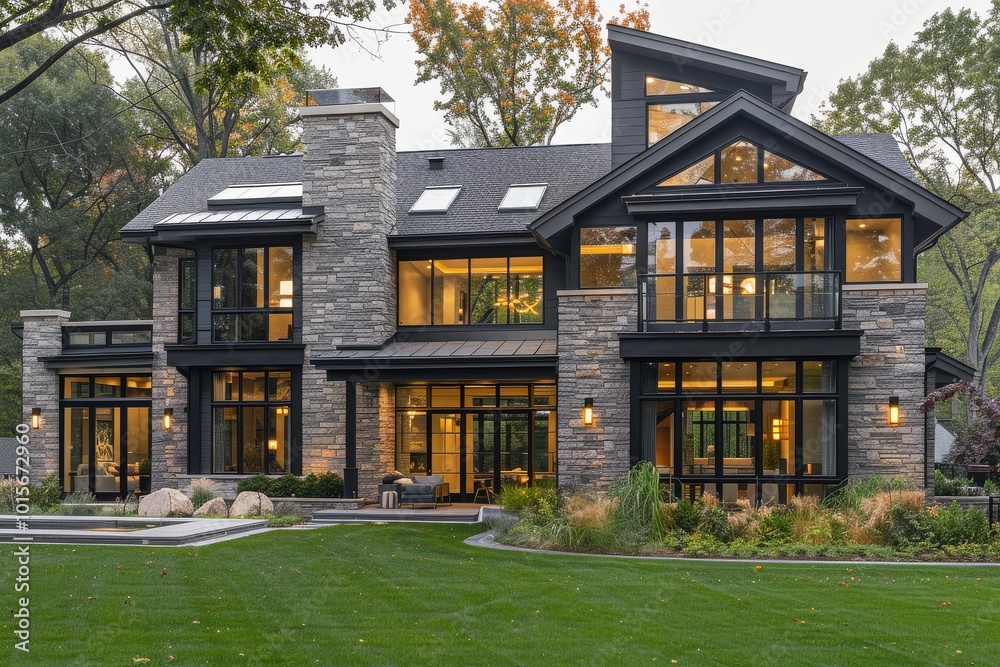 Modern style home in Twin Cities, Minnesota, featuring a grey shingle roof, stone accents, large windows, and a green grass yard with trees, showcasing modern farmhouse architecture.