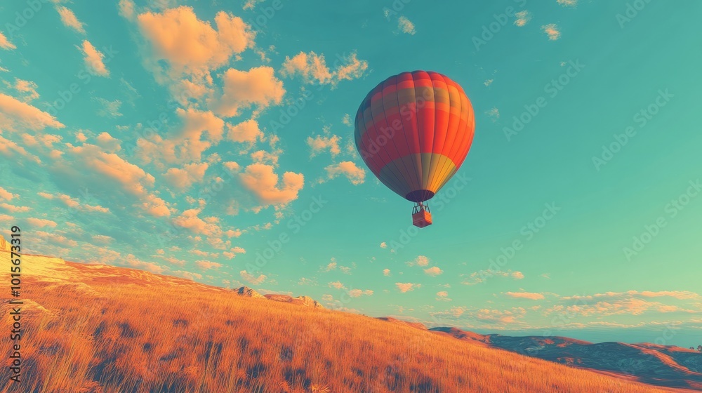 Fototapeta premium Majestic Hot Air Balloon Soaring Over the Serene Countryside