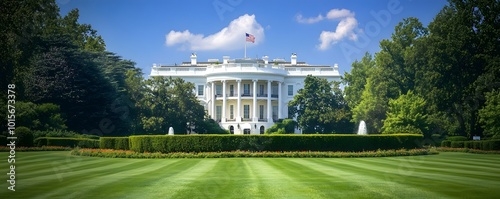 A majestic view of The White House during a clear summer day, with perfectly trimmed hedges and the American flag flying high photo