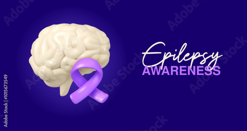 Epilepsy awareness month banner. Vector 3d cartoon illustration, brain and purple ribbon, epilepsy prevention concept
