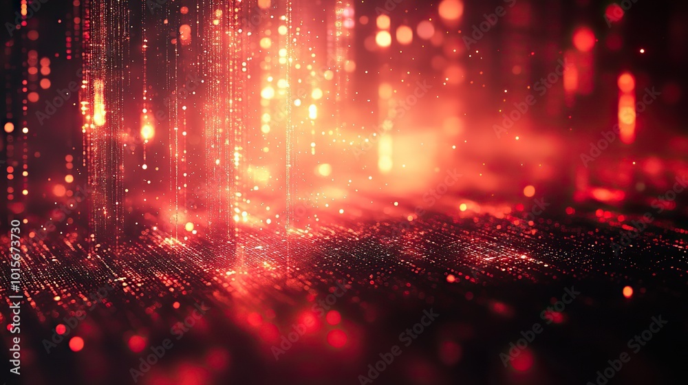 Fototapeta premium A vibrant red and black technology background featuring diagonal lines and particles, illustrating dynamic digital aesthetics.