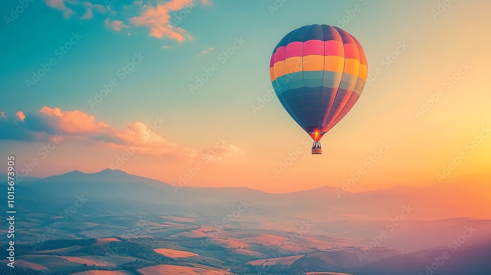 Fototapeta premium Mesmerizing Hot Air Balloon Soaring over Serene Landscape at Sunset