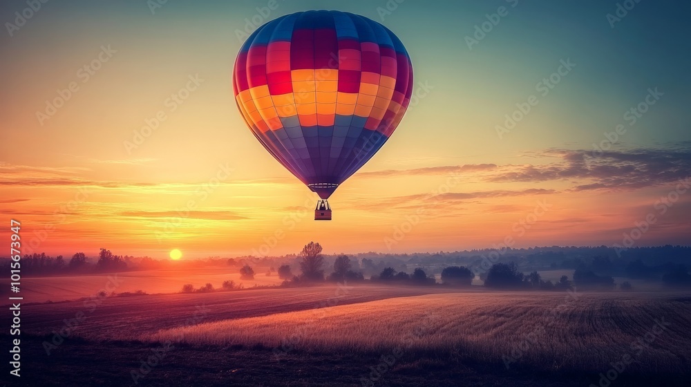 Fototapeta premium Colorful Hot Air Balloon Soaring Over Scenic Countryside at Sunset