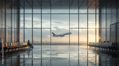 Empty airport terminal with a view of a plane taking off during sunrise. Travel and transportation concept.