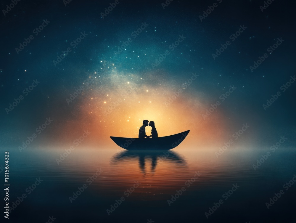 Romantic Silhouette of a Couple in a Boat Under a Starry Sky at Twilight
