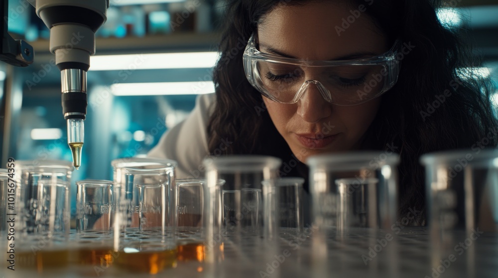 Wearing safety goggles, a chemist carefully measures liquid into a vial, surrounded by high-tech laboratory equipment and soft lighting enhancing the atmosphere Wearing safety goggles, a chemist carefully measures liquid into a vial, surrounded by high-tech laboratory equipment and soft lighting enhancing the atmosphere