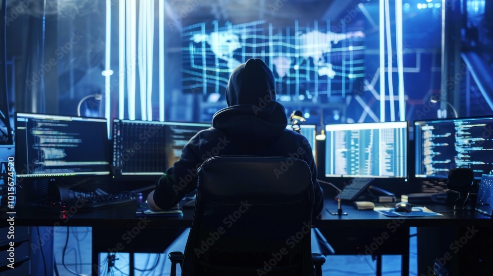 Hacker in a Dark Room with Multiple Monitors Hacker in a Dark Room with Multiple Monitors