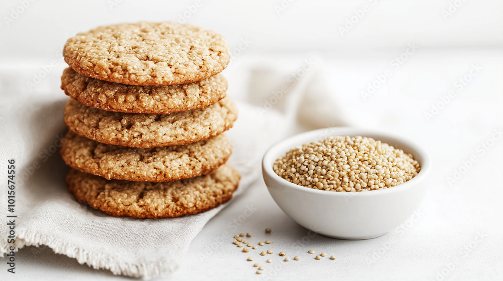 quinoa as a butter alternative: a clean, minimalist photograph of a stack of rustic cookies displayed from the front, accompanied by a small bowl of cooked quinoa placed next to the cookies quinoa as a butter alternative: a clean, minimalist photograph of a stack of rustic cookies displayed from the front, accompanied by a small bowl of cooked quinoa placed next to the cookies