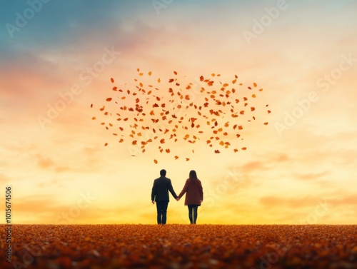 A Romantic Sunset Embracing Love Amidst Falling Leaves in Autumn Bliss photo