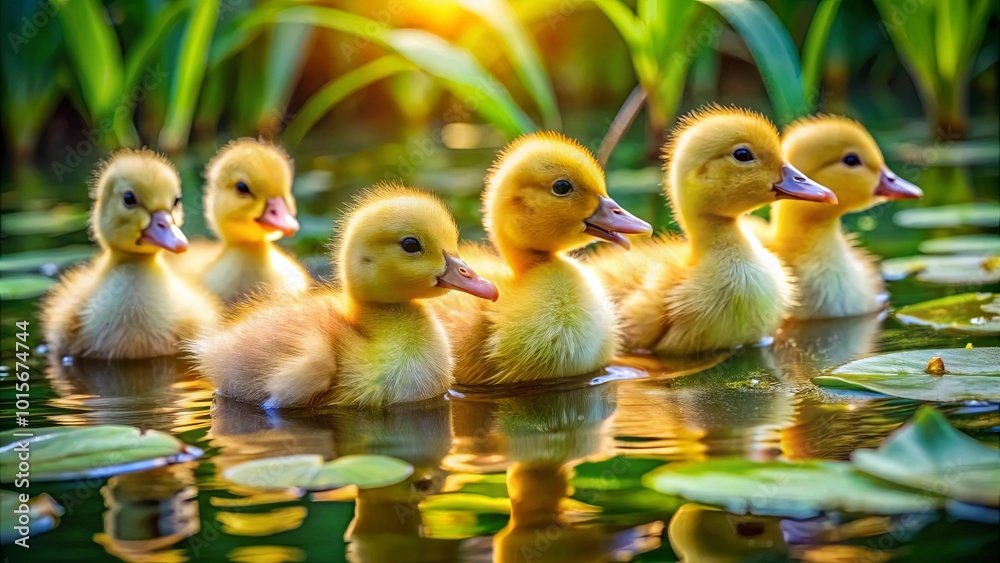A group of ducklings, their fluffy yellow bodies glistening in the golden sunlight, swim in unison across a pond, surrounded by lush green foliage. A group of ducklings, their fluffy yellow bodies glistening in the golden sunlight, swim in unison across a pond, surrounded by lush green foliage.