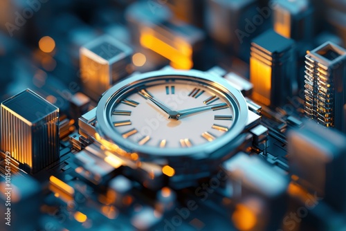 Close-up of a watch on a circuit board with glowing elements. photo