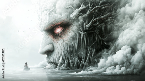 A giant, tree-like face with glowing red eyes gazes out at a small figure standing on a rock in the distance, shrouded in fog.