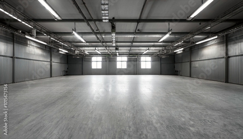 Vast, empty warehouse space with bright fluorescent lights, metallic walls, and a smooth concrete floor. No people.