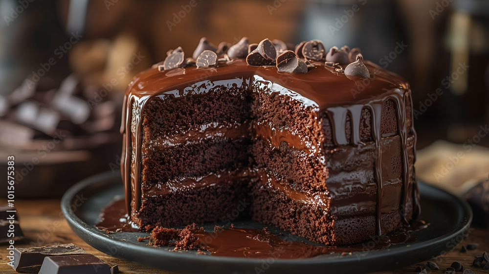 A decadent three-layer chocolate cake coated in glossy ganache, topped with chocolate chips. The moist chocolate interior and rich frosting make this a dessert lover’s dream.