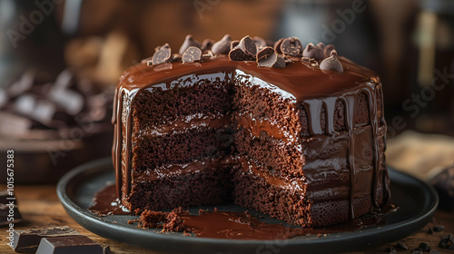 Obraz na płótnie A decadent three-layer chocolate cake coated in glossy ganache, topped with chocolate chips. The moist chocolate interior and rich frosting make this a dessert lover’s dream. w salonie