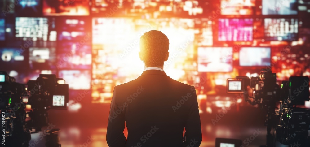 Businessman facing large digital screen with vivid images and light. Businessman facing large digital screen with vivid images and light.