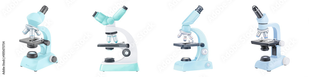 A series of four educational microscopes displayed on a black background, showcasing different viewing angles and designs for scientific studies. A series of four educational microscopes displayed on a black background, showcasing different viewing angles and designs for scientific studies.