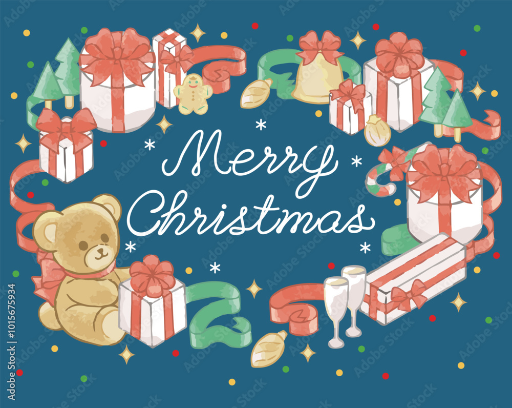 Fototapeta premium christmas, クリスマス, フレーム, ベクター, 水彩, かわいい, プレゼント, デコレーション, テディベア, クリスマスツリー, コピースペース, バックグラウンド, 飾り, デザイン文字, 12月, あしらい, オーナメント, ぬいぐるみ, ギフト, ビジネス, イルミネーション, ベル, デザイン, メリークリスマス, イラスト, 背景, 広告, ツリー, リボン, 素材, 装
