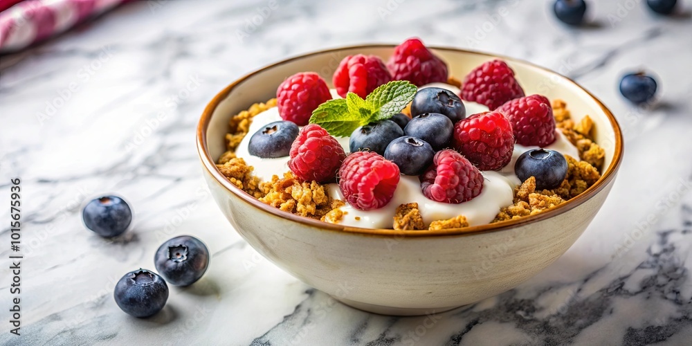 A bowl of creamy yogurt topped with a medley of red raspberries, dark blueberries, and crisp granola, a refreshing and healthy breakfast option A bowl of creamy yogurt topped with a medley of red raspberries, dark blueberries, and crisp granola, a refreshing and healthy breakfast option