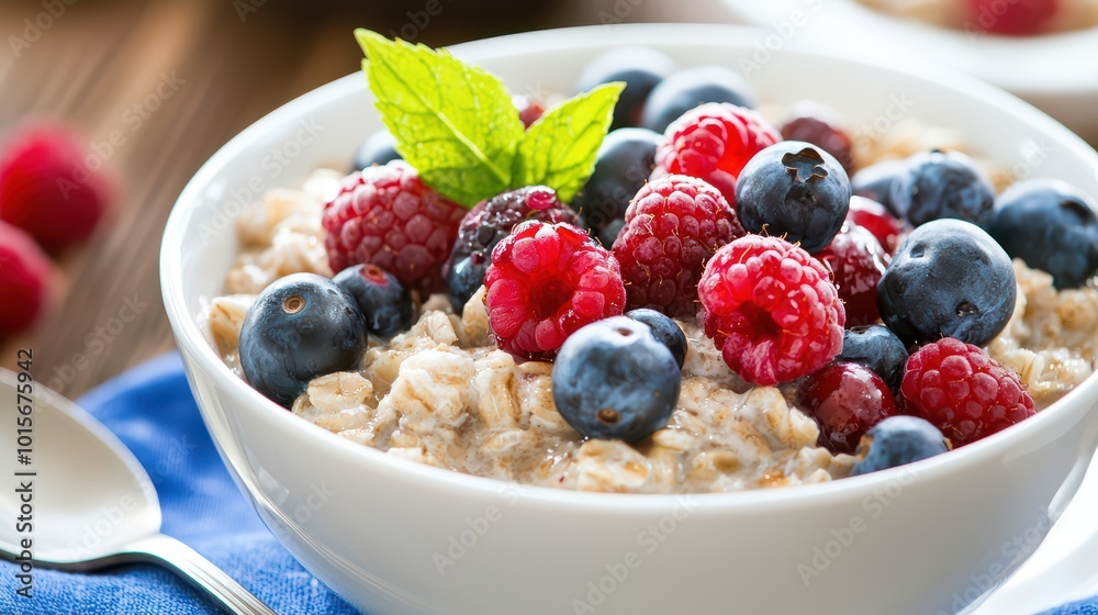 Delicious Oatmeal with Blueberries and Raspberries for Breakfast
