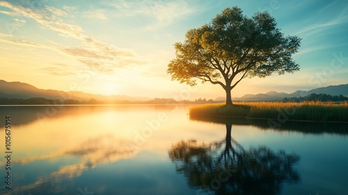 A solitary tree stands tall on a small island in a serene lake at sunset.