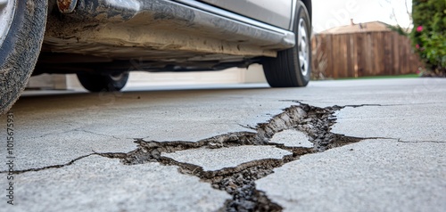 Car parked over cracked pavement, showcasing surface damage and uneven terrain.