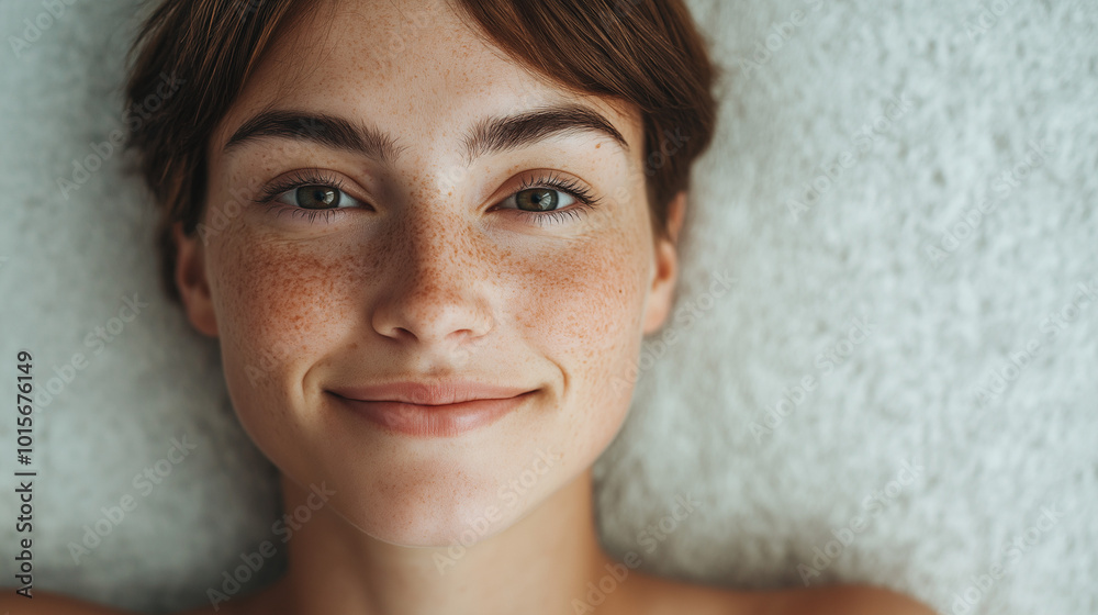 the image features a close-up of a woman with subltle smiling face and brown short hair the image features a close-up of a woman with subltle smiling face and brown short hair