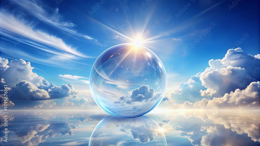 A crystal orb suspended in the heavens, reflecting the ethereal beauty of a radiant sky, a celestial canvas of clouds and sunlight A crystal orb suspended in the heavens, reflecting the ethereal beauty of a radiant sky, a celestial canvas of clouds and sunlight