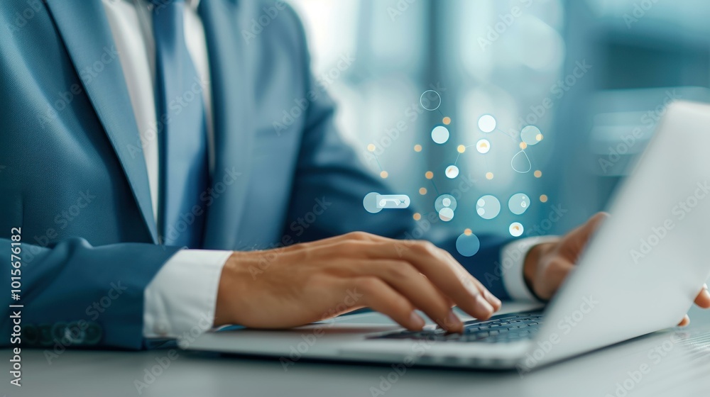 A businessman uses a laptop to ensure compliance with international standards through certification and quality assurance. A businessman uses a laptop to ensure compliance with international standards through certification and quality assurance.