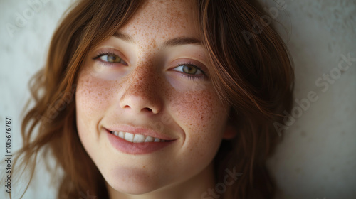 the image features a close-up of a woman with smiling face and brown medium hair