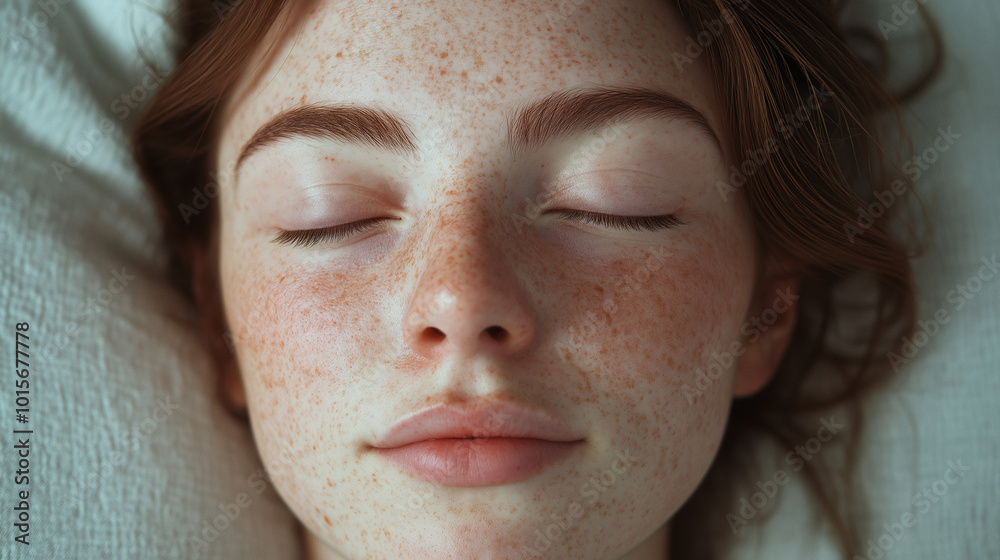 the image features a close-up of a woman with sleeping face and brown midium hair the image features a close-up of a woman with sleeping face and brown midium hair