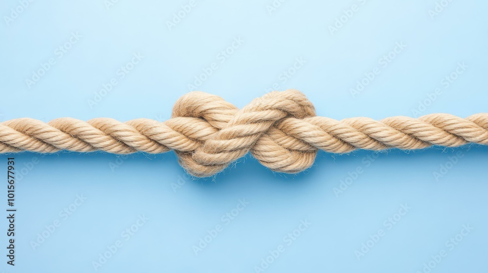 A closeup view of a strong knotted rope connection against a blue backdrop, showcasing unity and strength. A closeup view of a strong knotted rope connection against a blue backdrop, showcasing unity and strength.